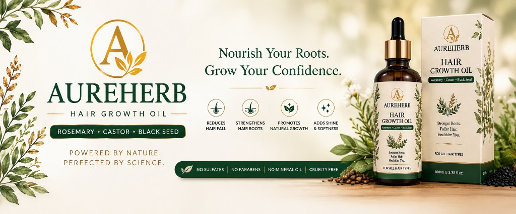AureHerb Hair Growth Oil — Rosemary, Castor, and Black Seed. Nourish your roots. Grow your confidence.